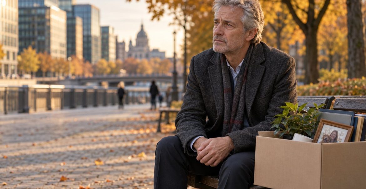 Older man sitting on a city bench in autumn next to a cardboard box with his office belongings