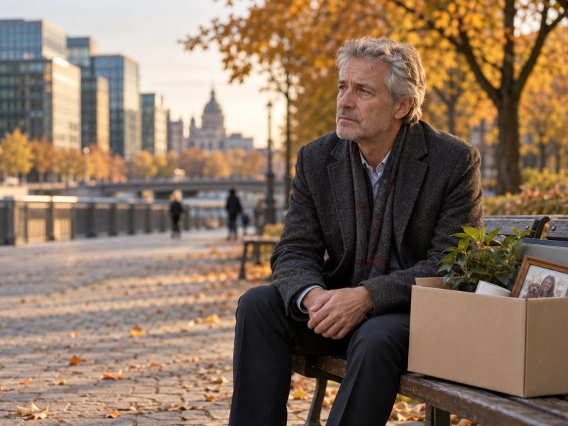 Older man sitting on a city bench in autumn next to a cardboard box with his office belongings