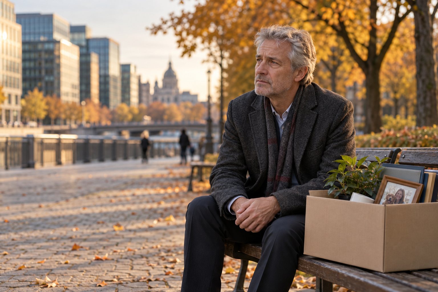 Older man sitting on a city bench in autumn next to a cardboard box with his office belongings